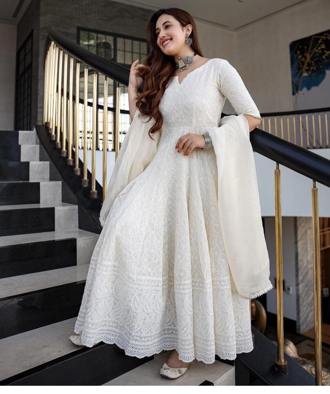 Women Premium White Cotton Chikankari Gown