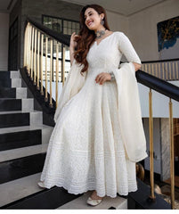 Women Premium White Cotton Chikankari Gown