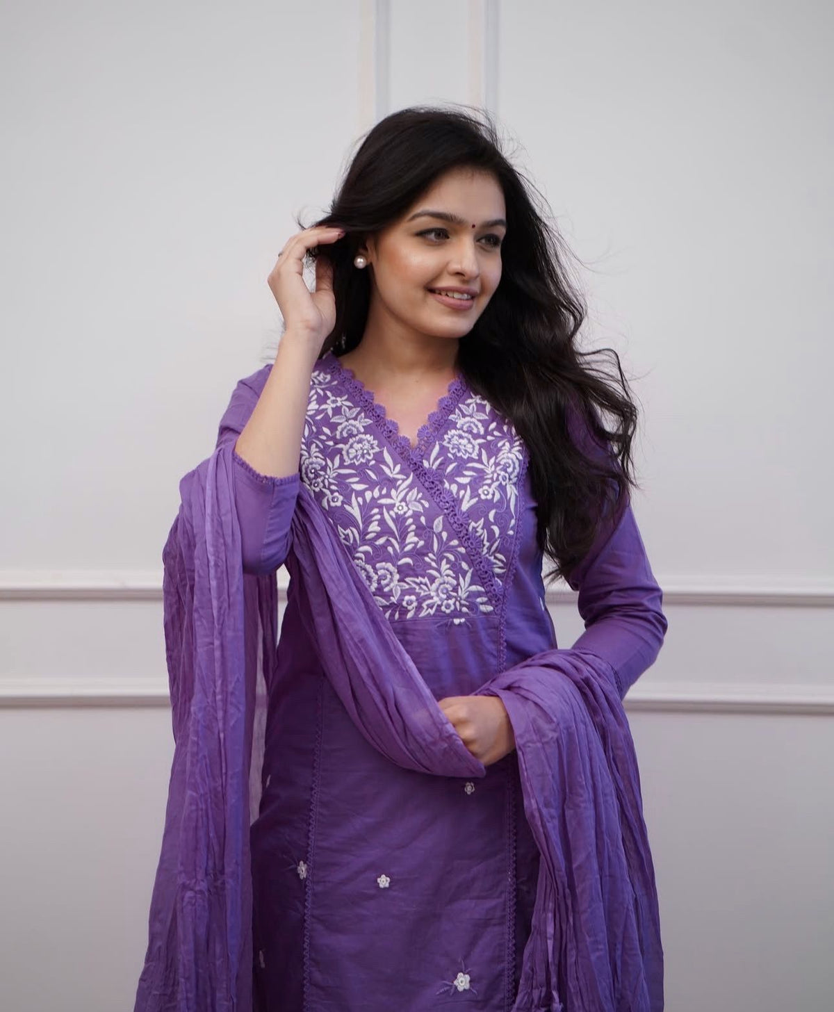 Women Purple Cotton Flower Embroidery Kurta Pant and Dupatta set