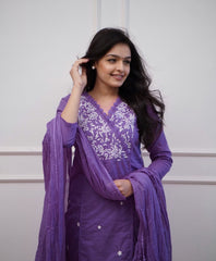 Women Purple Cotton Flower Embroidery Kurta Pant and Dupatta set