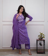 Women Purple Cotton Flower Embroidery Kurta Pant and Dupatta set