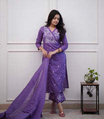 Women Purple Cotton Flower Embroidery Kurta Pant and Dupatta set