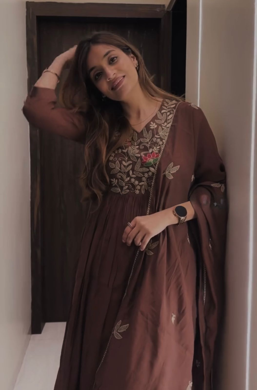 Women Rich Chocolate Brown Cotton Embroidery Kurta Pant and Dupatta set