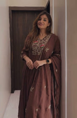 Women Rich Chocolate Brown Cotton Embroidery Kurta Pant and Dupatta set