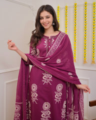 Women Magenta Cotton Discharge Print Kurta Pant and Dupatta set