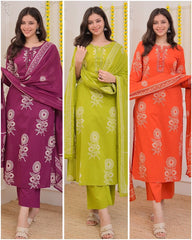 Women Saffron Cotton Discharge print Kurta Pant and Dupatta set