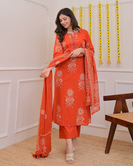 Women Saffron Cotton Discharge print Kurta Pant and Dupatta set