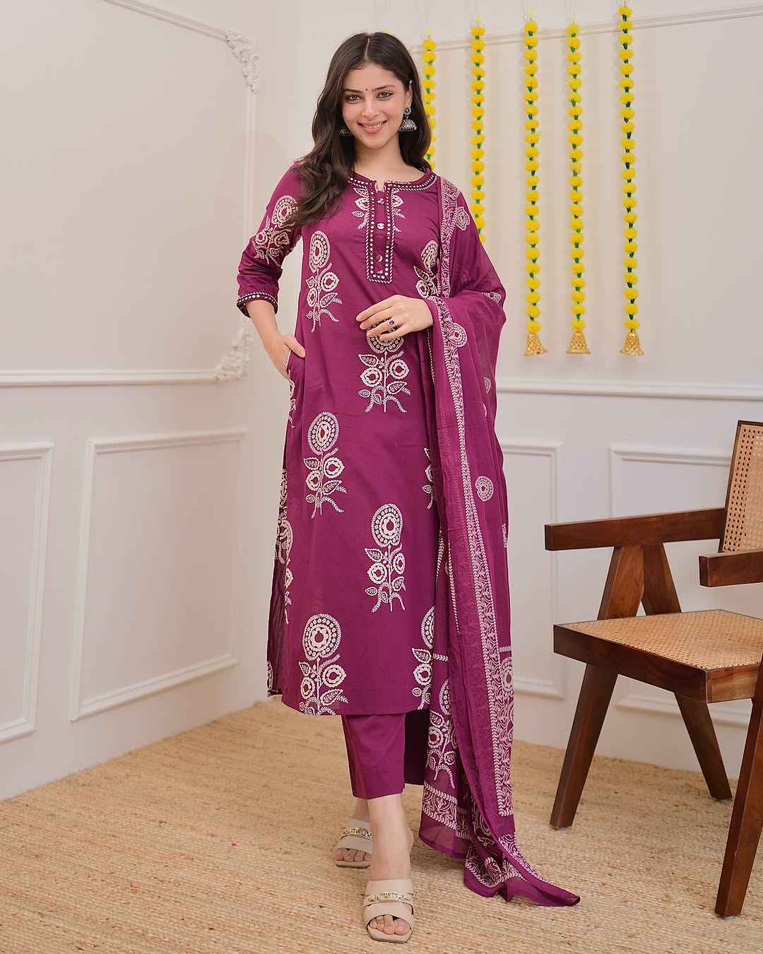 Women Magenta Cotton Discharge Print Kurta Pant and Dupatta set