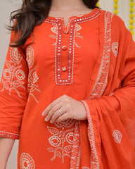 Women Saffron Cotton Discharge print Kurta Pant and Dupatta set