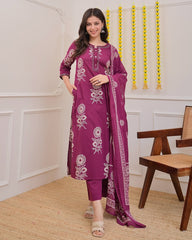 Women Magenta Cotton Discharge Print Kurta Pant and Dupatta set