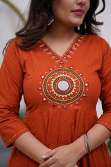 Women Rust Cotton Land Circle Kurta Pant and Dupatta set