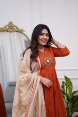 Women Rust Cotton Land Circle Kurta Pant and Dupatta set
