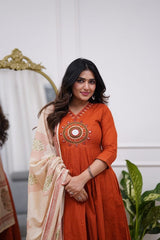 Women Rust Cotton Land Circle Kurta Pant and Dupatta set
