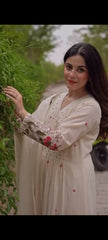 Women Cream Cotton Embroidery Gathers Kurta Pant and Dupatta set