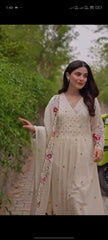 Women Cream Cotton Embroidery Gathers Kurta Pant and Dupatta set