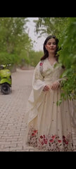 Women Cream Cotton Embroidery Gathers Kurta Pant and Dupatta set