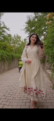 Women Cream Cotton Embroidery Gathers Kurta Pant and Dupatta set