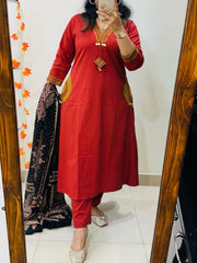 Women Red Cotton Rich Dhabu Embroidery Kurta Pant and Dupatta set