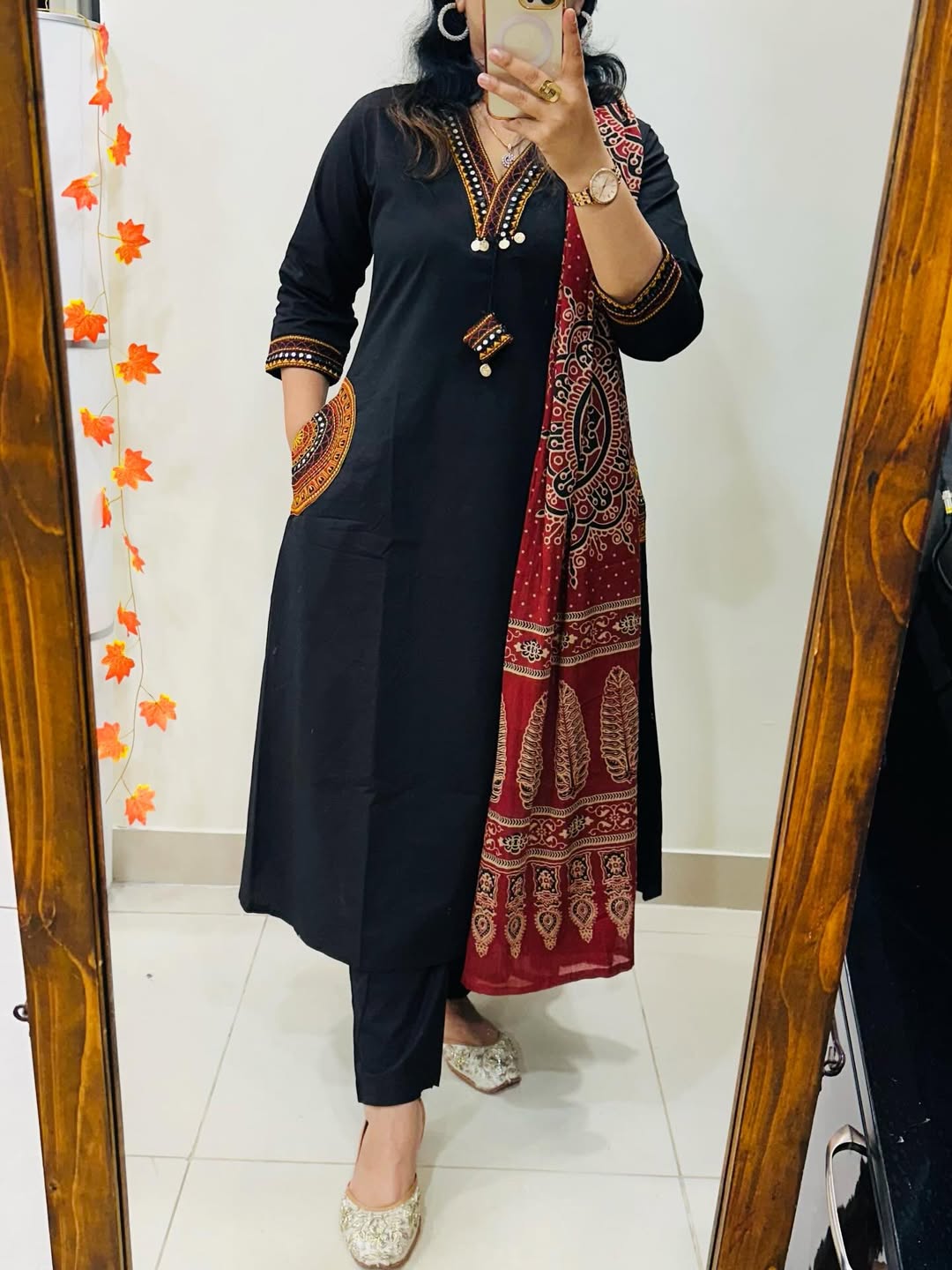 Women Black Cotton Rich Dhabu Embroidery Kurta Pant and Dupatta set