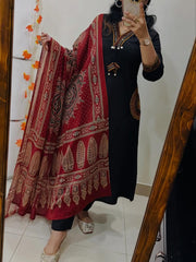Women Black Cotton Rich Dhabu Embroidery Kurta Pant and Dupatta set