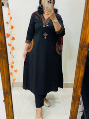 Women Black Cotton Rich Dhabu Embroidery Kurta Pant and Dupatta set