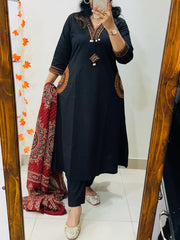 Women Black Cotton Rich Dhabu Embroidery Kurta Pant and Dupatta set