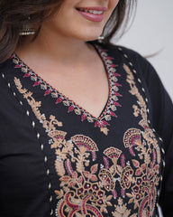 Women Black Cotton Voluminous Embroidery Kurta Pant and Dupatta set