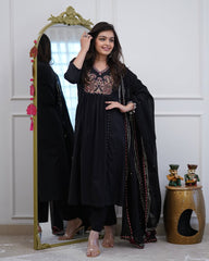 Women Black Cotton Voluminous Embroidery Kurta Pant and Dupatta set