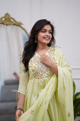 Women Yellow Cotton Anarkali Embroidery Kurta Pant and Dupatta set