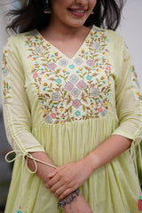 Women Yellow Cotton Anarkali Embroidery Kurta Pant and Dupatta set
