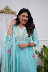 Women Blue Cotton Anarkali Embroidery Kurta Pant and Dupatta set