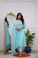 Women Blue Cotton Anarkali Embroidery Kurta Pant and Dupatta set