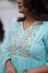 Women Blue Cotton Anarkali Embroidery Kurta Pant and Dupatta set