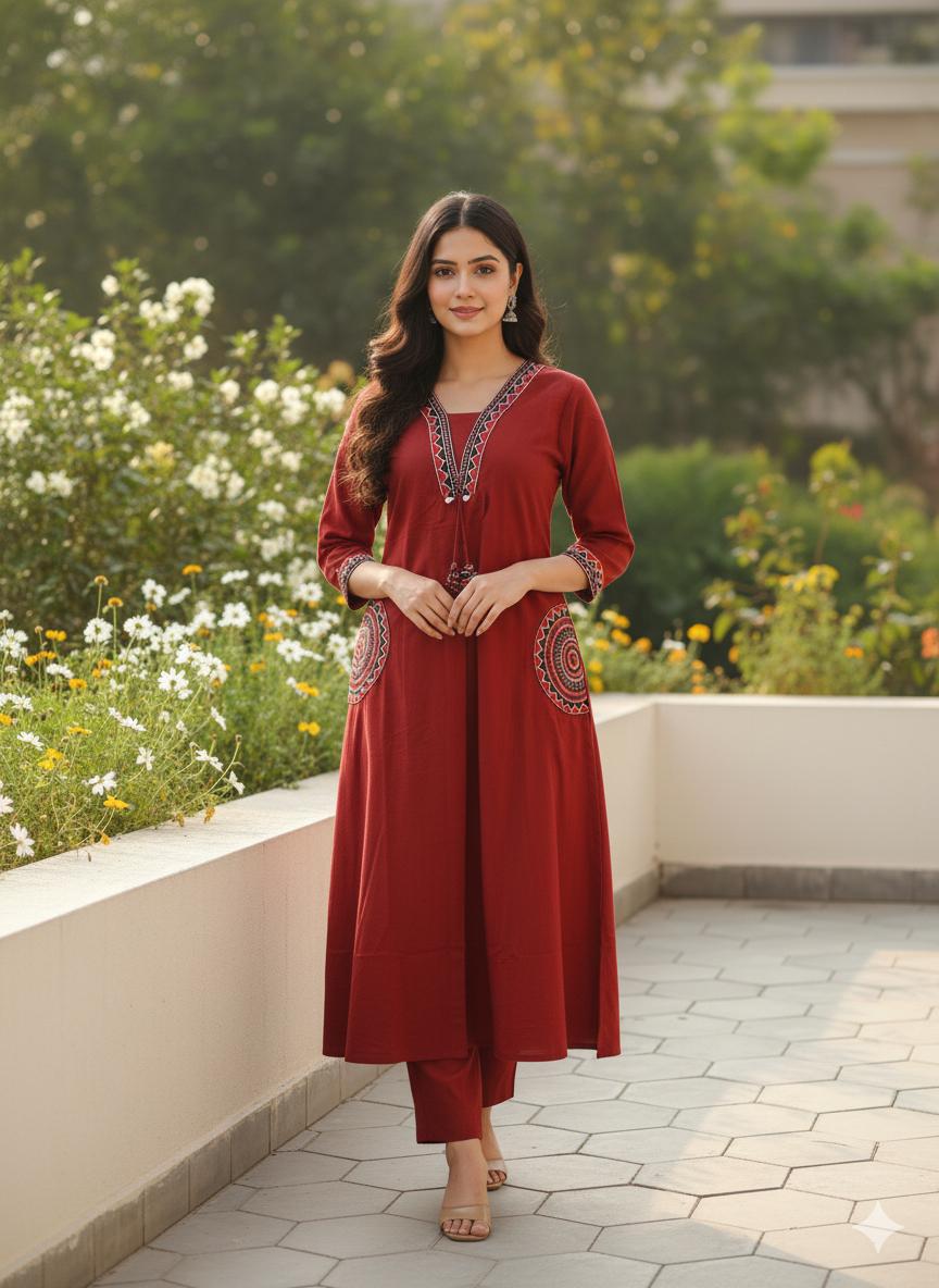 Women Red Cotton Embroidery Pocket Kurt and Palazzo set
