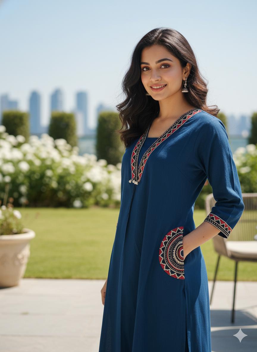 Women Blue Cotton Embroidery Pocket Kurta and Palazzo set