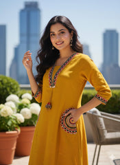 Women Yellow Cotton Embroidery Pocket Kurta and Palazzo set