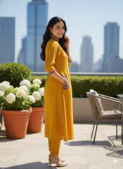 Women Yellow Cotton Embroidery Pocket Kurta and Palazzo set