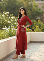 Women Red Cotton Embroidery Pocket Kurt and Palazzo set