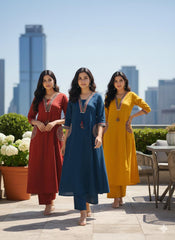 Women Blue Cotton Embroidery Pocket Kurta and Palazzo set