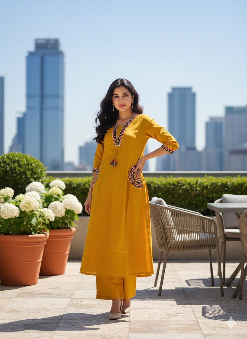 Women Yellow Cotton Embroidery Pocket Kurta and Palazzo set