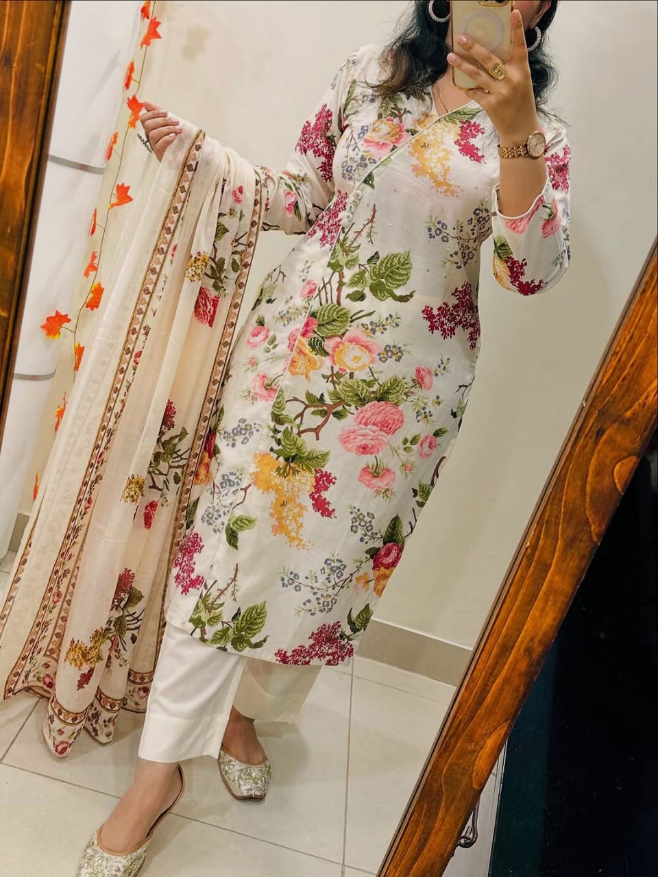 Women White Cotton Angrakha Style Kurta Pant and Mulmul Dupatta set