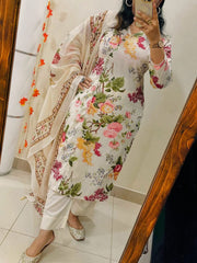 Women White Cotton Angrakha Style Kurta Pant and Mulmul Dupatta set