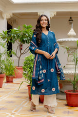 Women Blue Cotton Embroidery Flowers Kurta Pant and Dupatta set