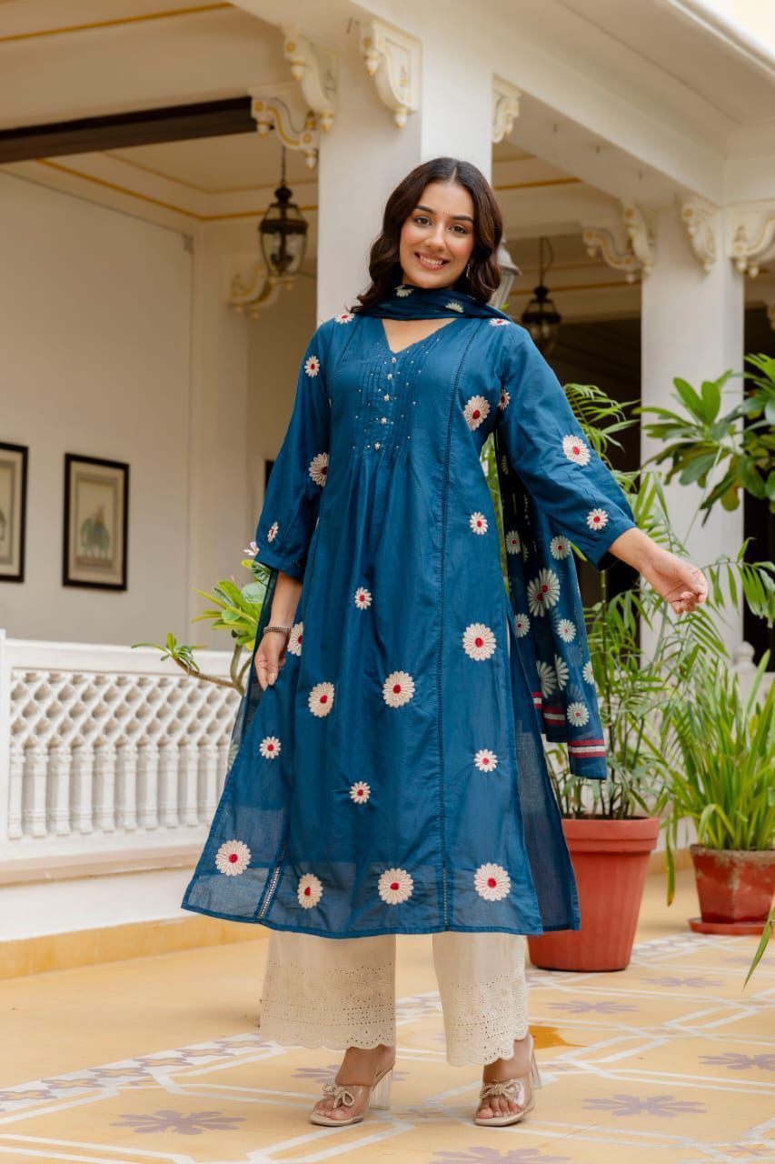 Women Blue Cotton Embroidery Flowers Kurta Pant and Dupatta set