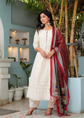 Women White Cotton Anarkali Kurta Pant and Maroon Dupatta set