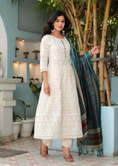 Women White Cotton Chikankari Anarkali Kurta Pant and Blue Dupatta set