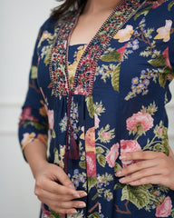 Women Navy Blue Cotton Embroidery Neck Kurta Pant and Dupatta set