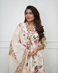 Women White Cotton Floral Print Kurta Pant and Mulmul Dupatta set