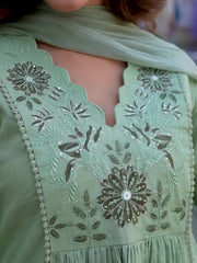 Women Green Cotton Embroidery Floral Yoke Kurta Pant and Dupatta set