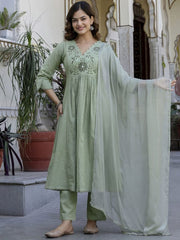 Women Green Cotton Embroidery Floral Yoke Kurta Pant and Dupatta set